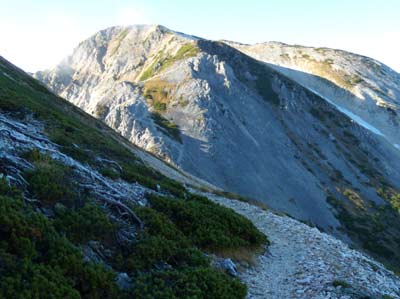 写真：杓子岳の巻き道より白馬鑓ヶ岳を望む