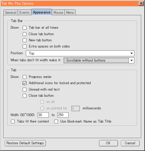 Appearance 設定画面のスクリーンショット