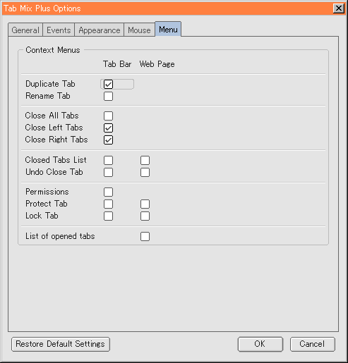 Menu 設定画面のスクリーンショット